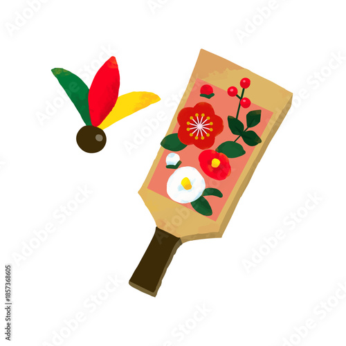 かわいい羽子板と羽のイラスト