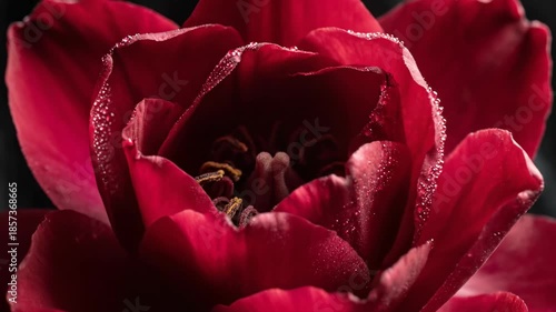 Stunning macro slow motion shot of crimson velvet petals gently blooming and unfolding against a moody dark backdrop creating a rich texture floral, romance, high