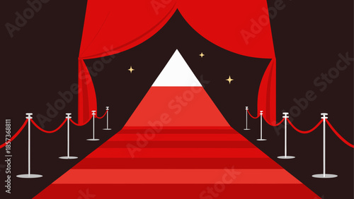 A 3d vector illustration of a luxury red carpet staircase on white, black, and red backgrounds for a VIP Hollywood premiere gala or celebrity award event celebration