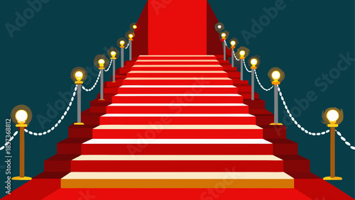 An exclusive 3d illustration of a luxury staircase featuring a red carpet for a vip gala entrance to celebrate success and fame at a prestigious movie award ceremony or theater party