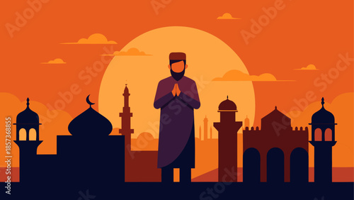 Silhouette of a woman with a backpack standing against a city skyline featuring a mosque and church under a golden sunset sky