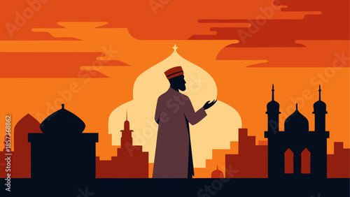 Vector illustration of a Taj Mahal silhouette featuring a man and woman at sunset with a travel monument skyline and ancient India temple architecture