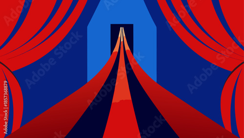 A vibrant red and white striped circus tent marquee vector illustration features a big top design for summer carnival entertainment and festive park event fun on an abstract sky background
