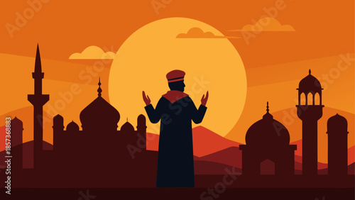 A silhouette of a mosque and an ancient temple stands against a golden sunset sky, featuring a dark city skyline with a religious dome and tower architecture in a black vector illustration