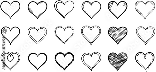Hand-drawn Heart Doodle Line Art Collection. Sketchy Black and White Heart Symbols Set for Love, Romance, Valentine's Day, Wedding, and Emotional Design Elements.