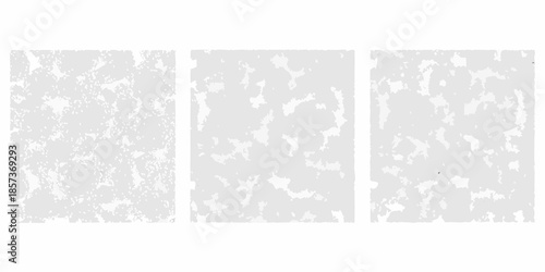 Three abstract panels with textured grainy and mottled white surfaces