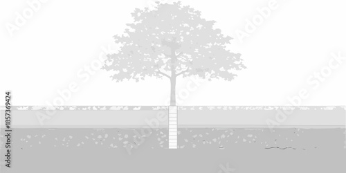 A solitary tree stands prominently against a gray minimalist landscape