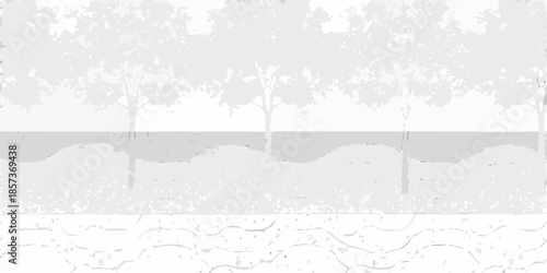 A grayscale landscape featuring trees along a shoreline with textured foreground