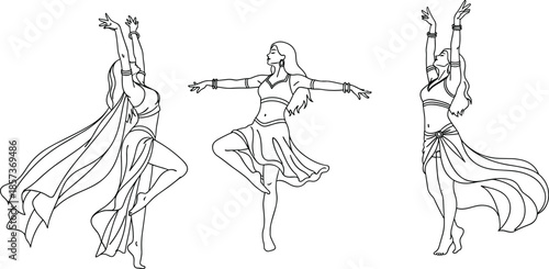 indian classical dance illustration, graceful female dancer poses, traditional costume, cultural movement, line art, ethnic performance, isolated white background
