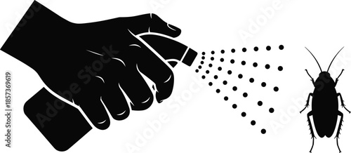 Insect pest control concept, human hand spraying insecticide, cockroach extermination symbol, hygiene protection, pest management, home sanitation, vector control