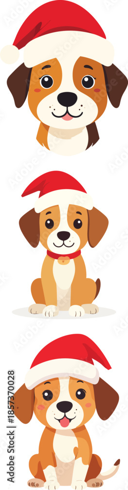 Fototapeta premium Adorable puppy dog pet character icon wearing a bright red fluffy Christmas Santa hat, cute flat vector illustration for holiday season greeting cards, festive winter celebration invitations, modern