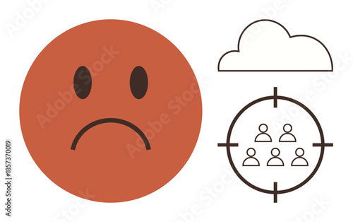 Sad face near cloud and group in target scope representing stress, bullying, discrimination, isolation. Ideal for mental health, social issues, psychological impact, loneliness, group dynamics