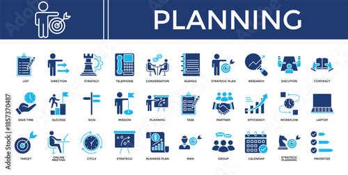 Planning icon set collection. Containing partner, program, efficiency, planning, task, contract, deal  .Solid vector icons collection