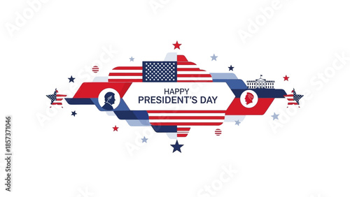 Presidents Day Banner with American Flag, Presidential Silhouettes, White House