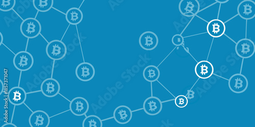 A blue background featuring a network of interconnected bitcoin symbols