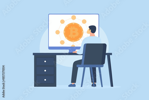 Man viewing a bitcoin graphic on a computer screen at a desk