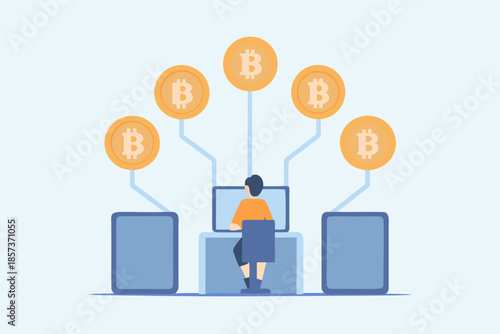 A person interacting with a computer surrounded by bitcoin symbols