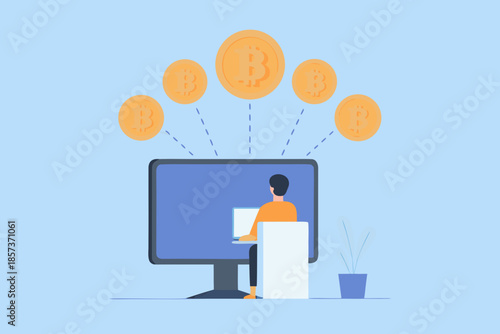 A person using a computer with bitcoin symbols floating around the screen