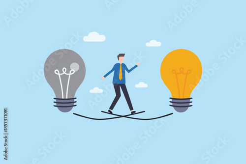 A man walking between two lightbulbs representing idea selection