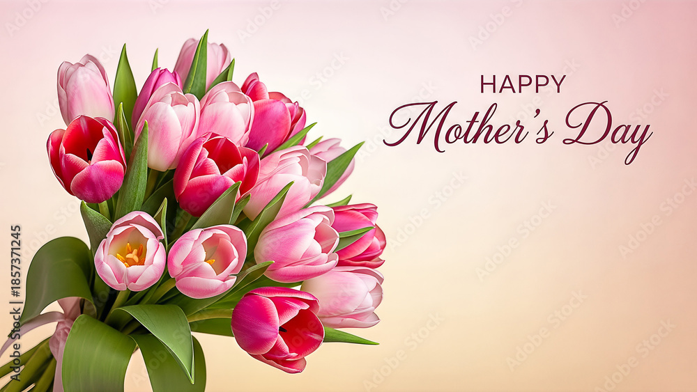 Fototapeta premium Happy Mothers Day pink tulips bouquet.