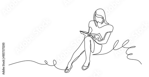 Continuous line art of a woman holding and reading an open book for education and knowledge