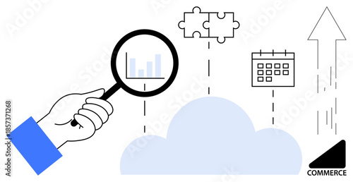 Business analytics, cloud technology, data management, strategy planning, workflow efficiency, e-commerce. A magnifying glass focuses on a graph with icons of a puzzle, calendar, and growth arrow