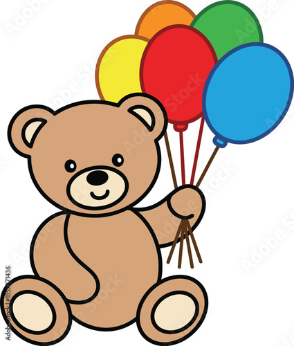 Teddy Bear Holding Balloons ? Cute Cartoon Vector Illustration for Kids Celebration and Party Theme