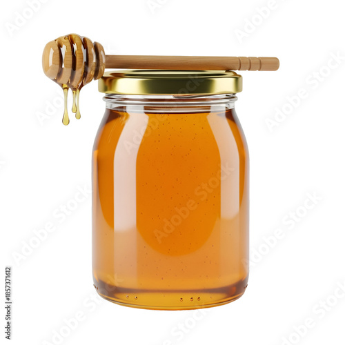 Golden honey jar with dripping honey dipper