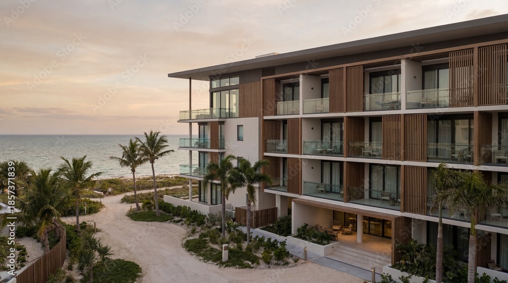 Fototapeta premium Stunning modern luxury hotel building situated right on a serene tropical beach, offering breathtaking ocean views and an idyllic escape at golden hour