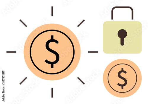 Dollar coin surrounded by sun rays symbolizes financial growth, paired with a lock for security. Ideal for finance, banking, saving, investment, monetary security, economic stability, simple flat