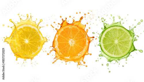 Citrus Fruit Slices Splashing in Juice - Lemon Orange Lime Splash