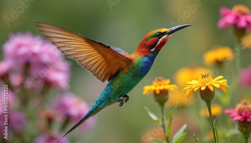 Colorful bee-eater bird flies near blooming flowers in garden. Small avian with bright feathers hovers, feeding on nectar in sunny day. Wildlife scene with fauna.