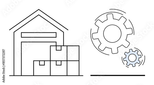 Logistics, supply chain, storage, warehouse operations, manufacturing, process management. A warehouse with stacked boxes and moving gear symbols. Logistics and supply chain concepts