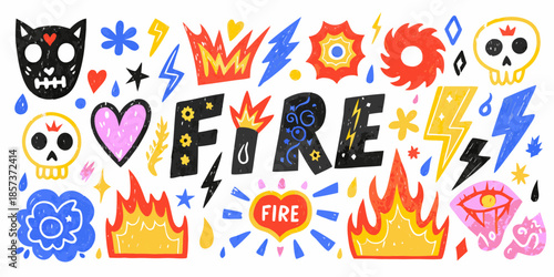 Colorful doodle art featuring skulls hearts fire and lightning bolts