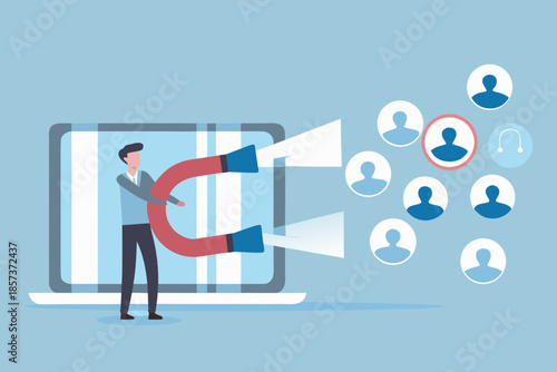 Digital marketing concept with a magnet attracting people to a screen