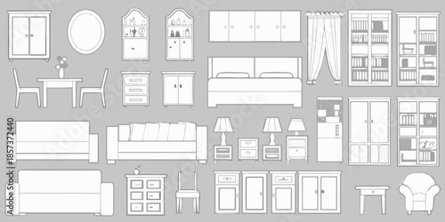 Detailed illustration of various furniture pieces arranged in a gray scale composition