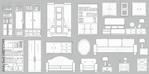 Line art illustration of various furniture pieces in a room arrangement