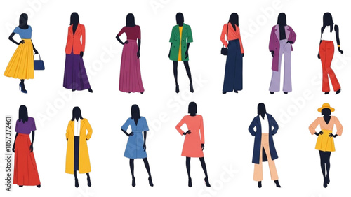 Collection of diverse fashion illustrations showcasing various outfits and poses against a clean white background