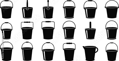 Diverse Bucket and Pail Silhouettes Vector Collection Set, Various Household, Industrial, and Cleaning Containers, Water, Sand, and Paint Holder Icon Graphic Design Elements for Tools.