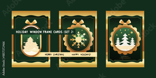Festive holiday window frame cards with christmas trees and snowflakes design