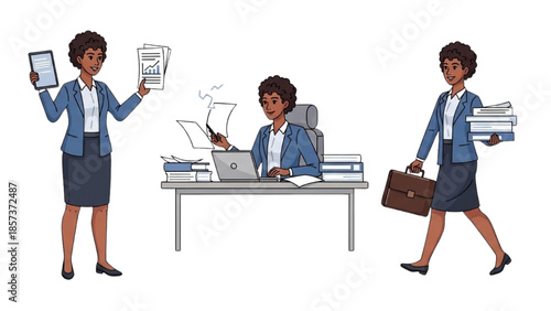 Businesswoman multitasking with documents and technology in a professional office setting
