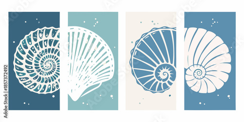 Stylized seashell illustrations in blue and white arranged in a vertical pattern