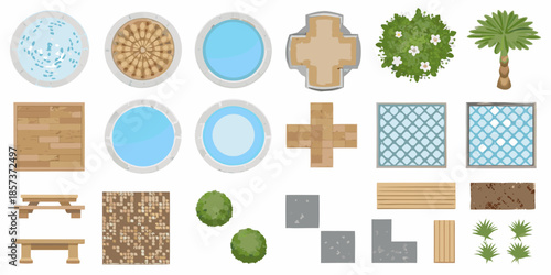 Assorted top down views of various outdoor elements and garden design components