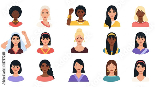 Diverse group of women from different ethnic backgrounds and ages illustrated in a grid on a white background