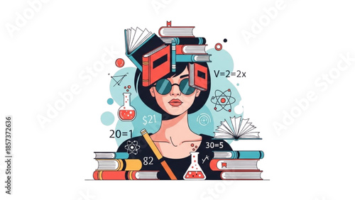 A young woman surrounded by science and technology elements, engrossed in learning with a futuristic virtual reality headset