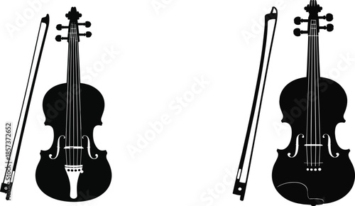 Two Detailed Black Silhouettes of Violins Standing Upright with Accompanying Bows, Showcasing Fine Strings and Bridge Details on a White Background