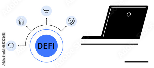 Decentralized finance, fintech innovation, blockchain economy, digital assets, online services, modern technology. Circular chart with DEFI and icons, alongside a laptop silhouette. Decentralized