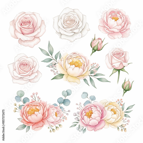 A vector illustration showing a seamless set of pink roses with floral leaves in a vintage decorative style