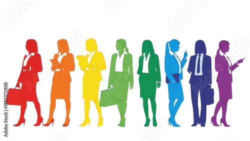 Diverse professionals standing together in a rainbow-colored illustration showcasing teamwork and collaboration in a modern workplace.
