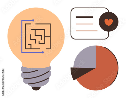 Light bulb with maze, chart, and dialogue box representing strategy, innovation, and problem-solving. Ideal for creativity, strategy, vision inspiration analysis communication themes. Simple flat